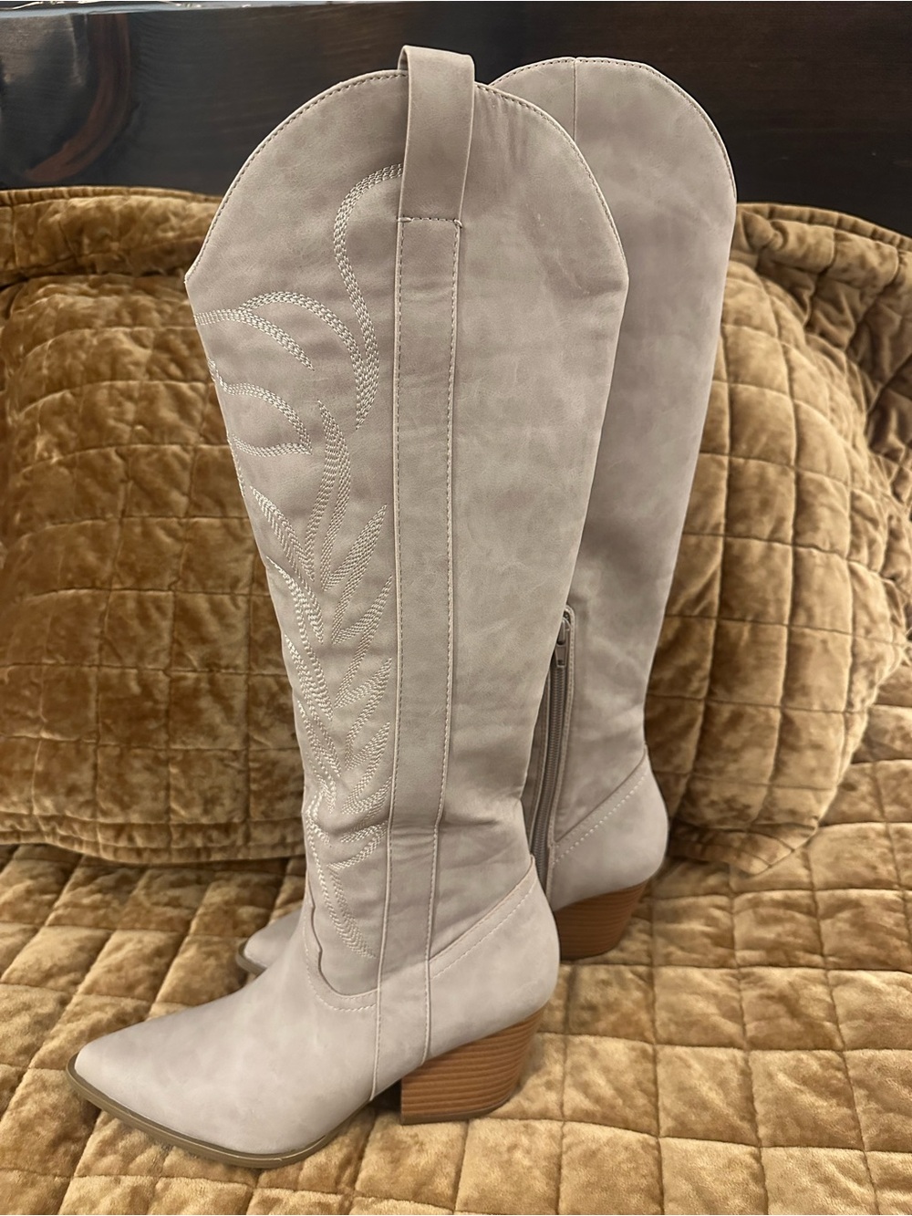 Pink Lily Western Cowboy Boots Size 7.5 Taupe Embroidered Knee High NWOT - Picture 5 of 12